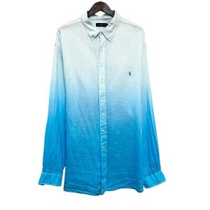 Ralph Lauren Mens Sz 3XLT Tall Aqua/Turquoise Ombre Linen Pony Button Down Shirt